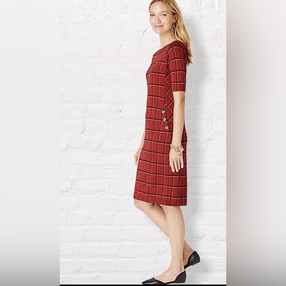 J. Jill Short Sleeve Ponte Rustic Brick Red Plaid Shift Dresss - Picture 5 of 8